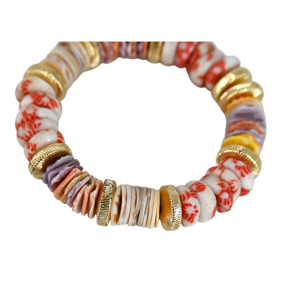 Akola Elora Multicolor Glass Shell Beaded Gold Coin Stretch Bracelet - Picture 5 of 8